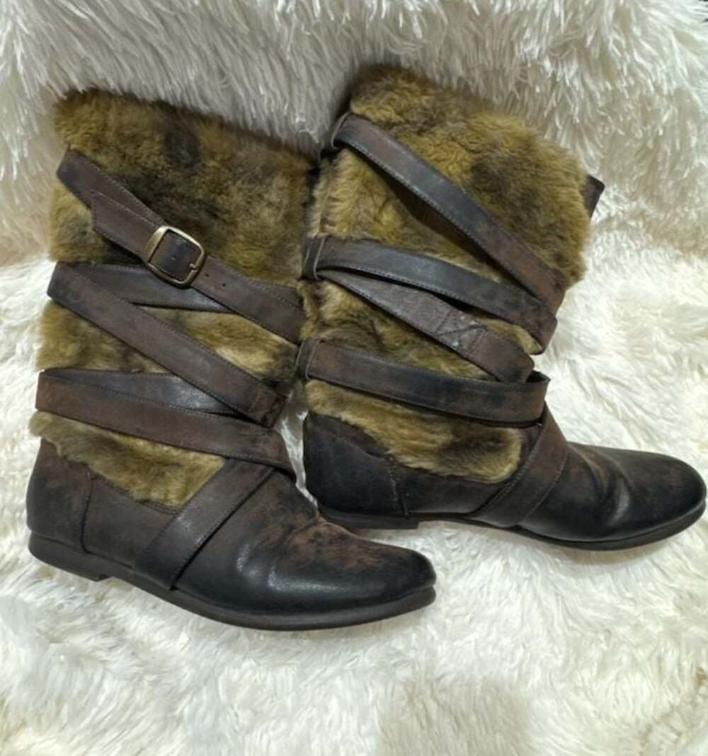 742 BLU Women's Distressed Brown Leather Mid-Calf Boots w/Faux Fur uk sz4